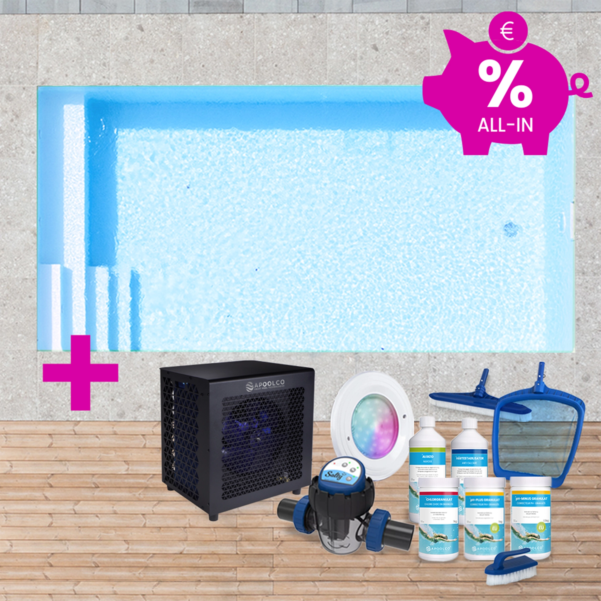KIT COMPLET : Piscine en polystyrène 400 x 250 x 150 cm, avec escalier gauche & plage, 0,90mm, Bleu clair