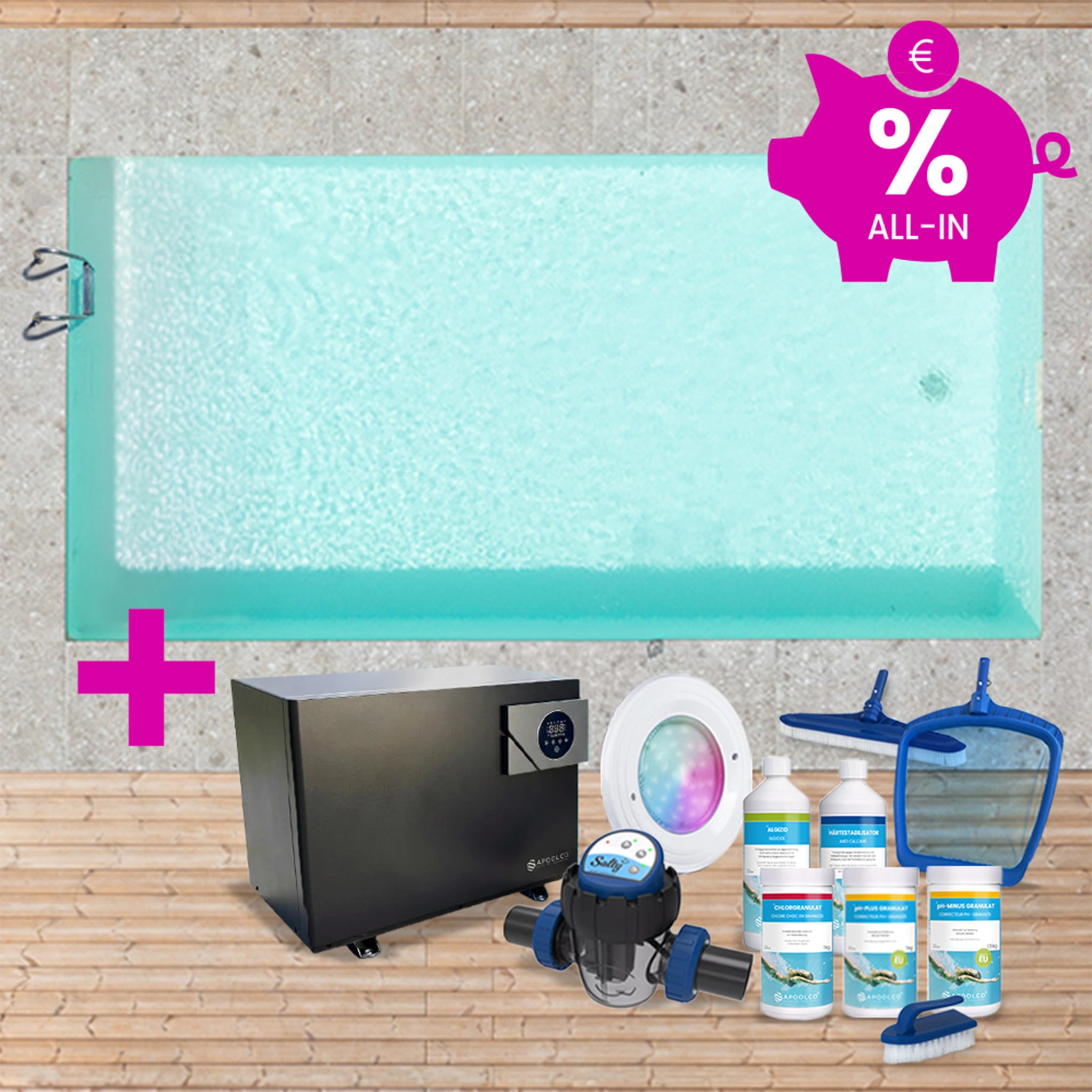 KIT COMPLET : Piscine en polystyrène 600 x 300 x 150 cm, avec échelle, 0,90mm, Beige/Sable