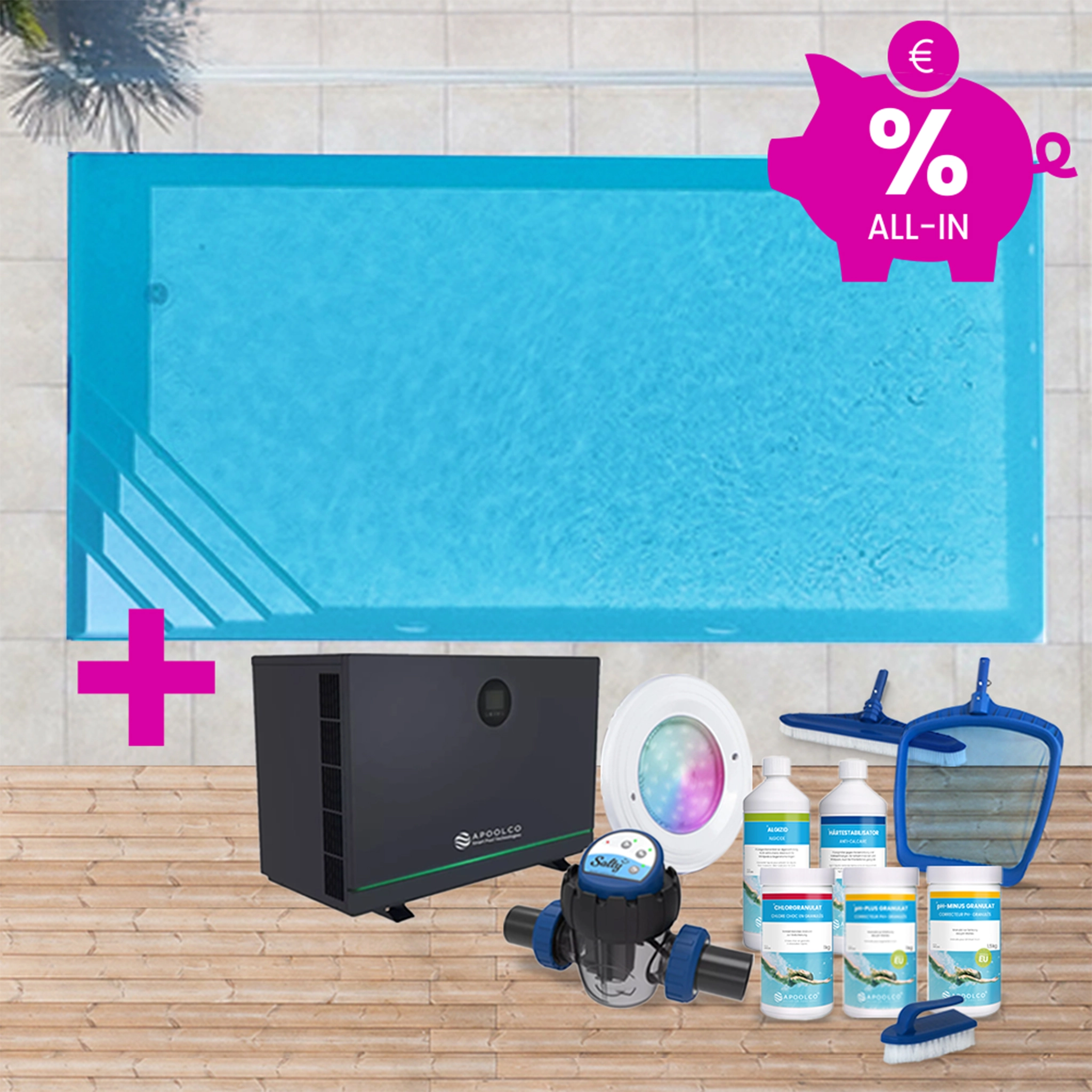 KIT COMPLET : Piscine en polystyrène 700 x 400 x 150 cm, escalier d'angle à gauche, 0,80 mm, Bleu France