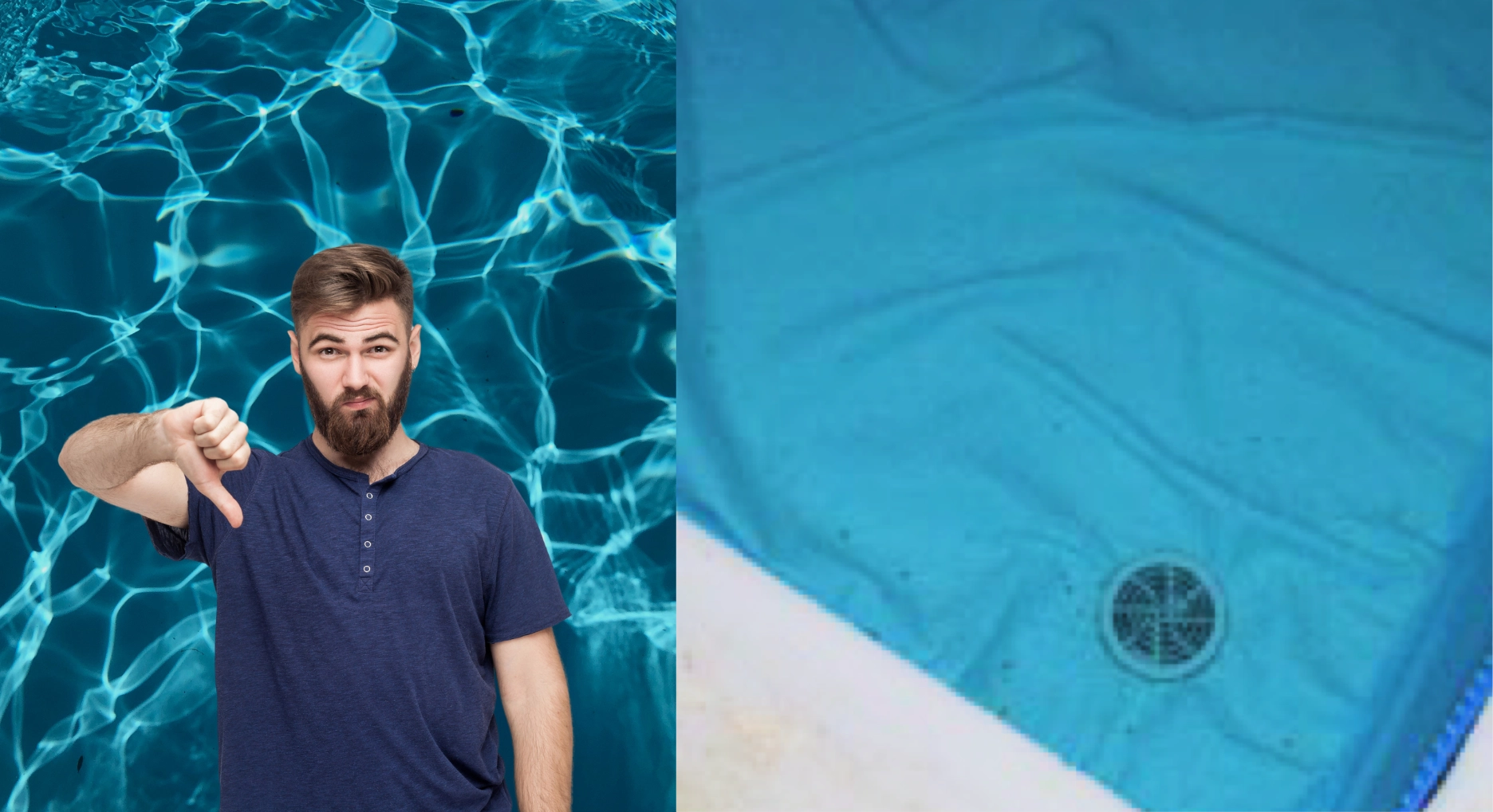 Plis dans les bâches de piscine et homme avec le pouce vers le bas
