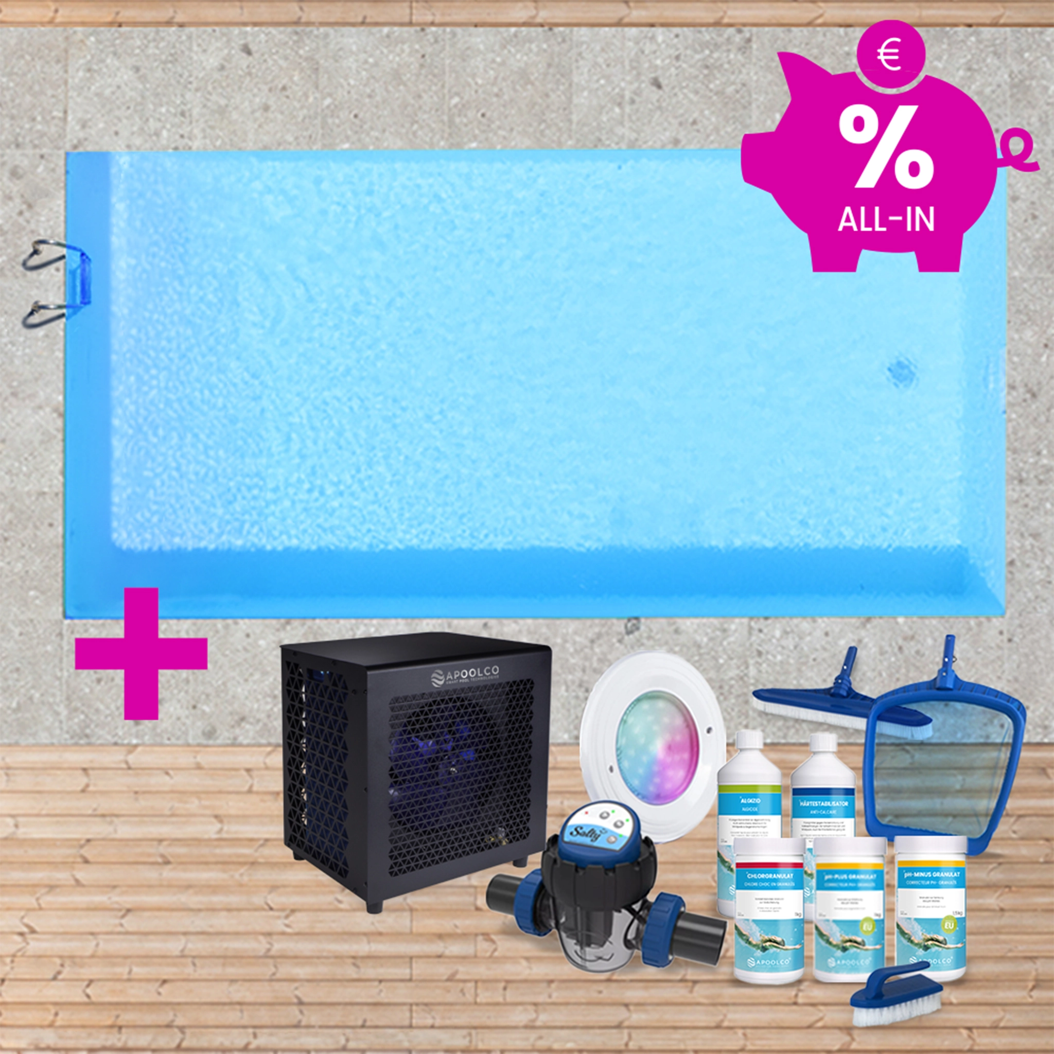 KIT COMPLET : Piscine en polystyrène 400 x 250 x 150 cm, avec échelle, 0,80mm, Bleu France