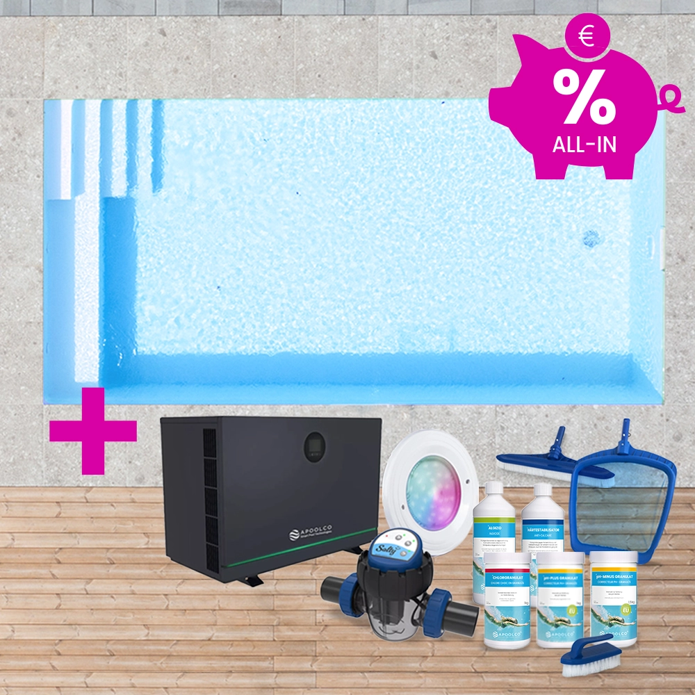KIT COMPLET : Piscine en polystyrène 400 x 300 x 150 cm, avec escalier droite & plage, 0,90mm, Bleu Clair
