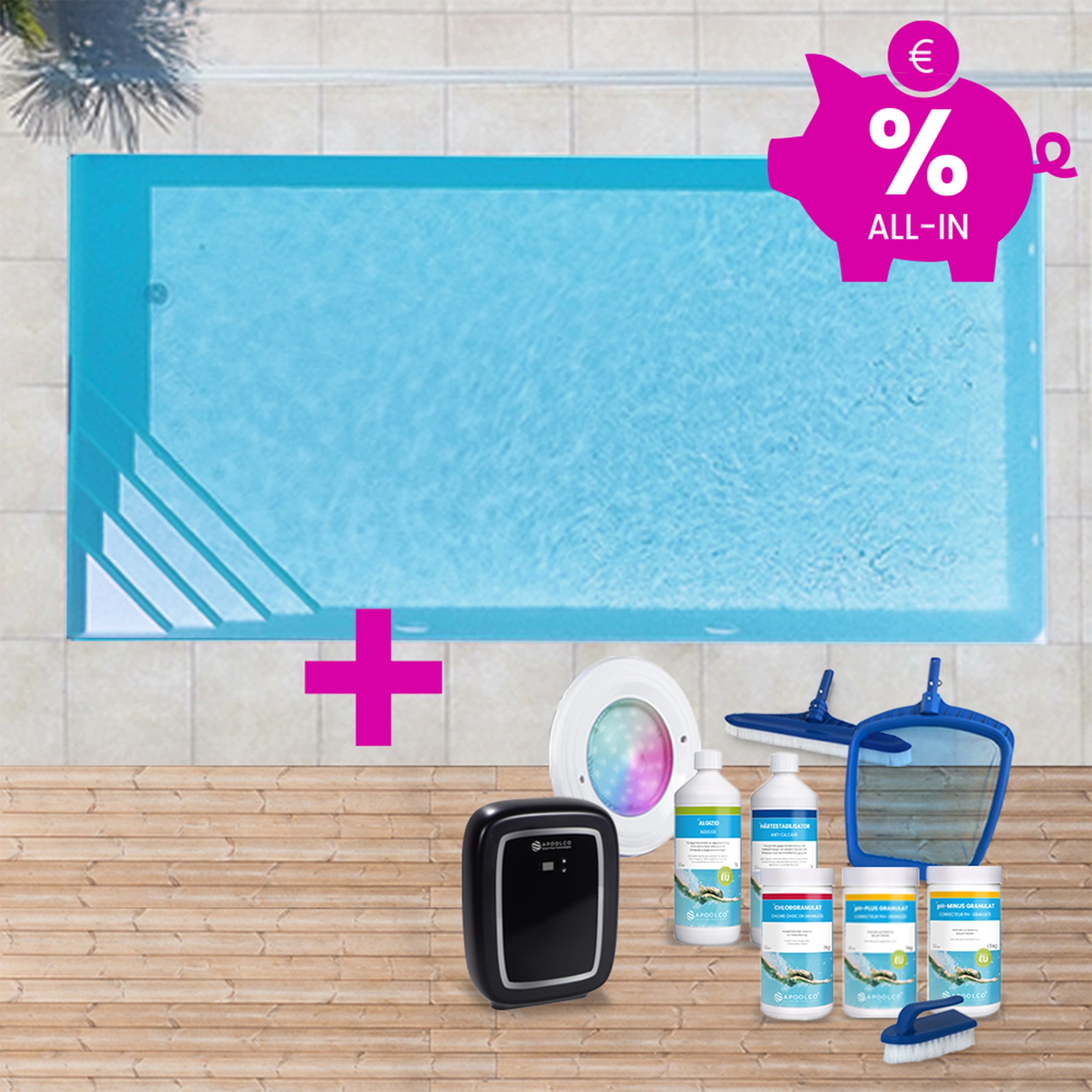 KIT COMPLET : Piscine en polystyrène 900 x 400 x 150 cm, avec escalier d'angle gauche, 0,90 mm, Gris