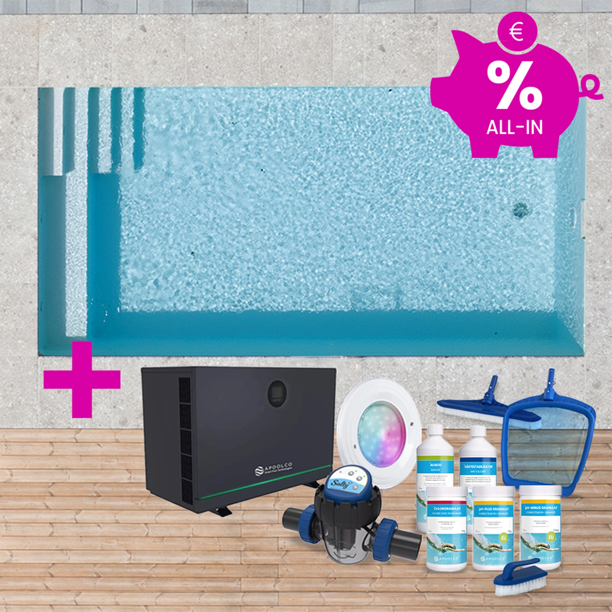 KIT COMPLET : Piscine en polystyrène 500 x 300 x 150 cm, avec escalier droite & plage, 0,90mm, Gris