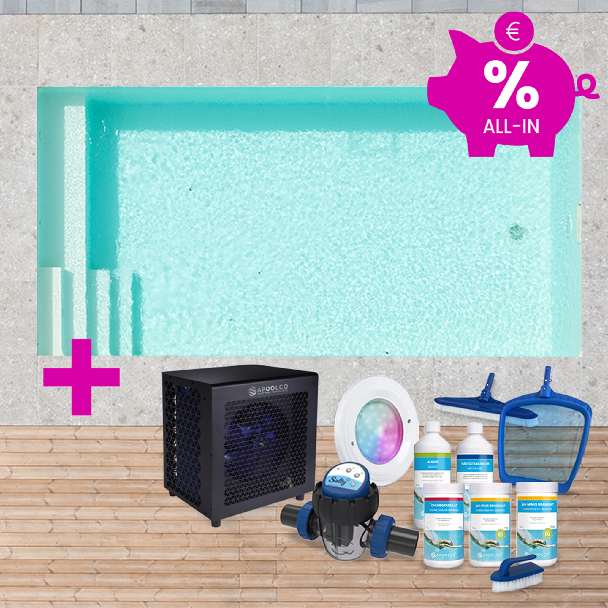 KIT COMPLET : Piscine en polystyrène 400 x 200 x 150 cm, avec escalier gauche & plage, 0,90mm, Beige/Sable