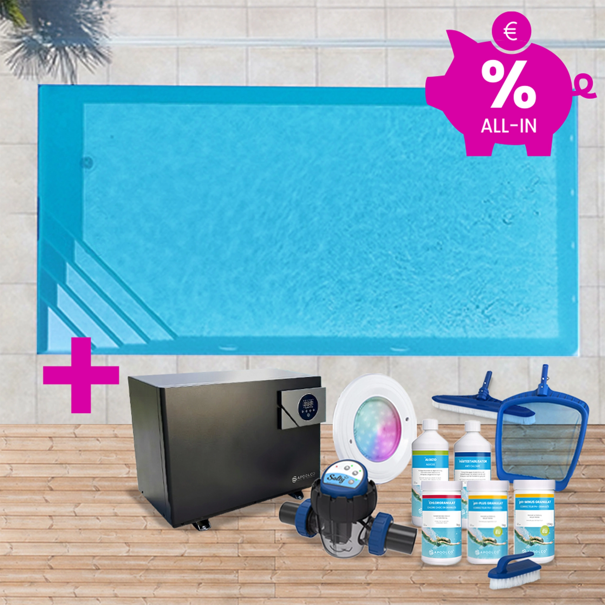 KIT COMPLET : Piscine en polystyrène 700 x 350 x 150 cm, avec escalier d'angle droite, 0,90mm, Bleu France