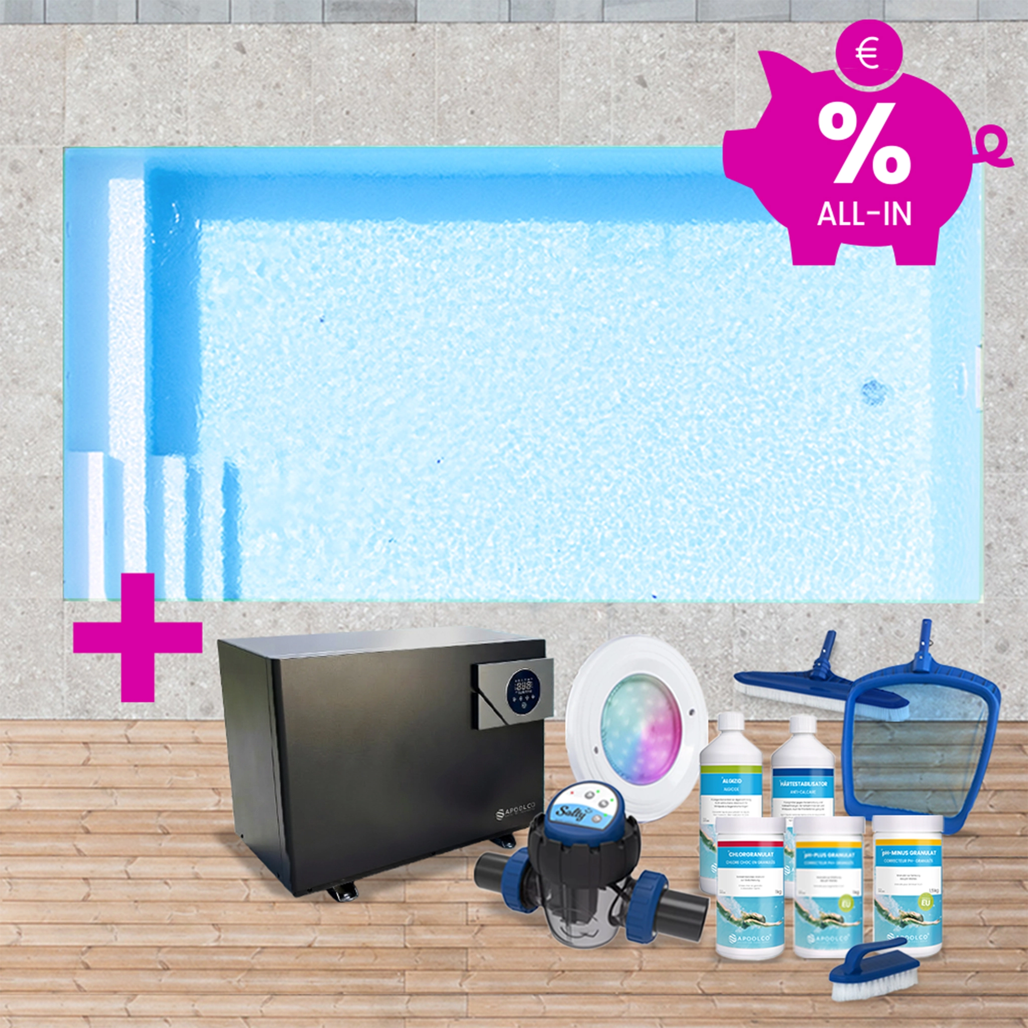 KIT COMPLET : Piscine en polystyrène 600 x 300 x 150 cm, avec escalier gauche & plage, 0,90 mm, Bleu clair