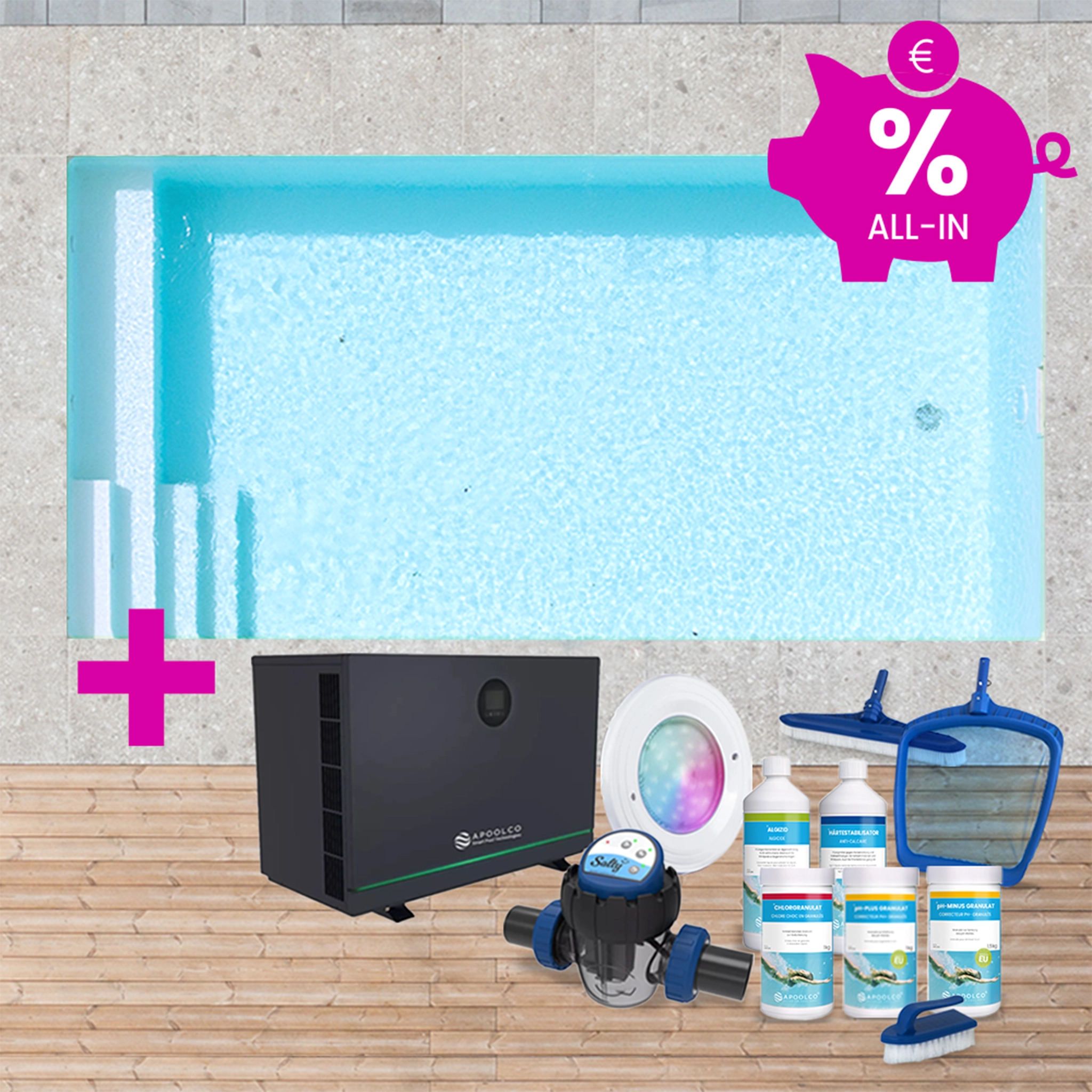 KIT COMPLET : Piscine en polystyrène 600 x 300 x 150 cm, avec escalier gauche & plage, 0,90 mm, Blanc