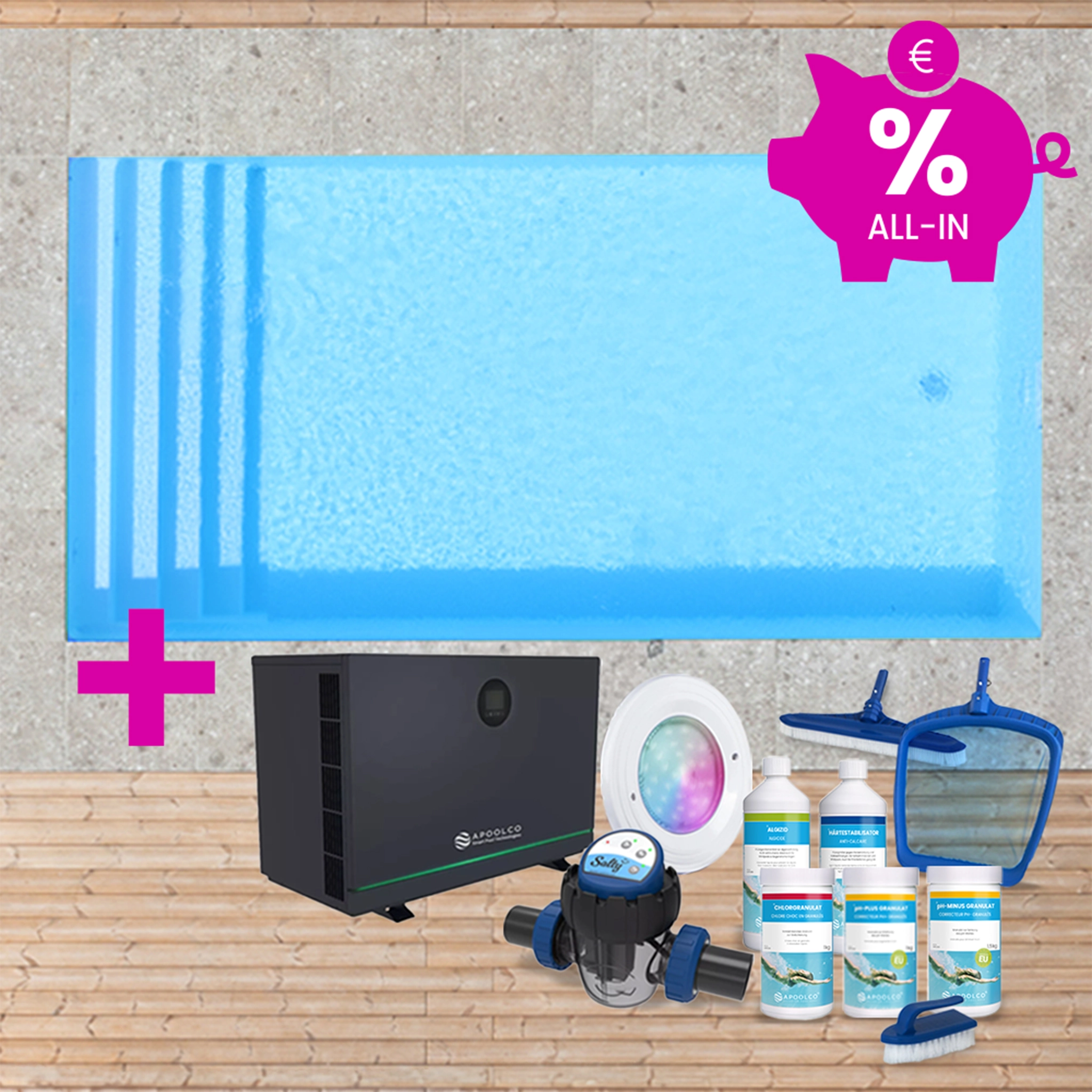 KIT COMPLET : Piscine en polystyrène 700 x 400 x 150 cm, avec escalier large, 0,90mm, Bleu France