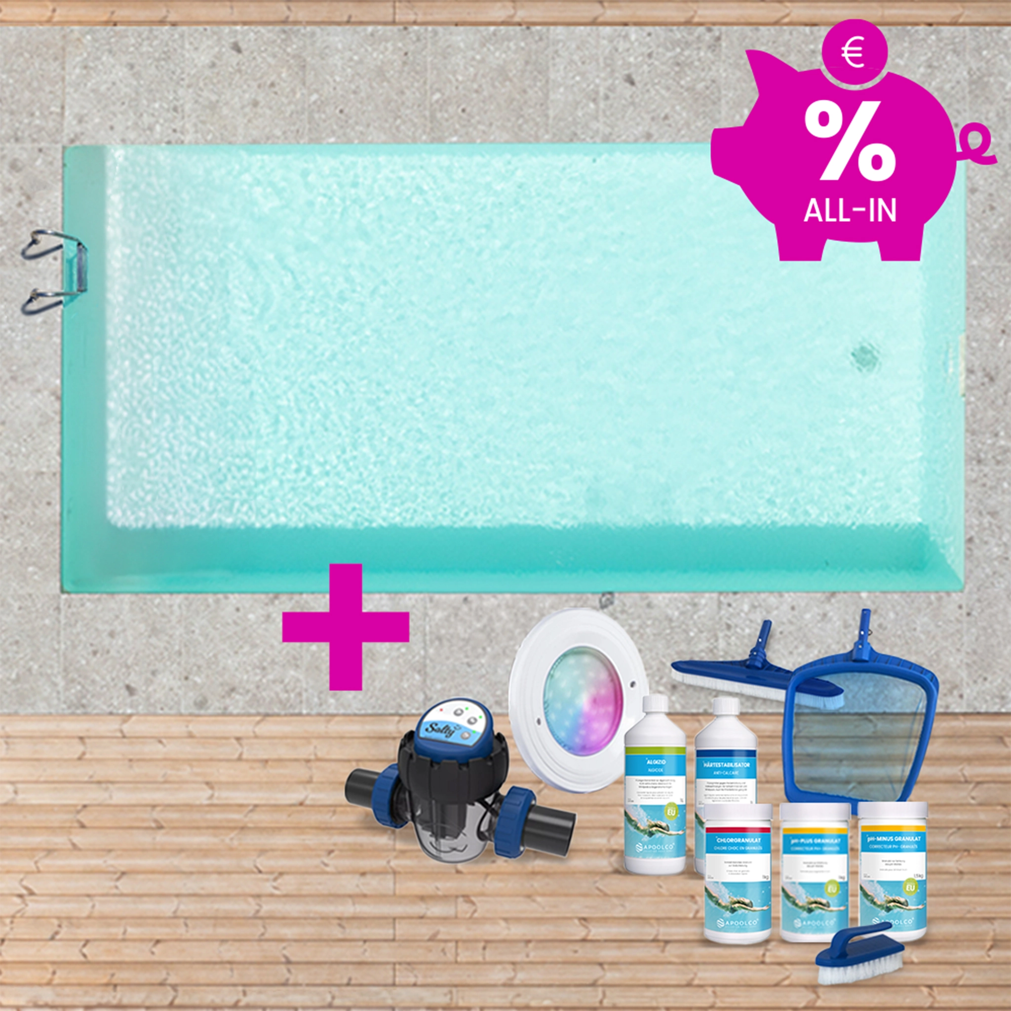 KIT COMPLET : Piscine en polystyrène 800 x 400 x 150 cm, avec échelle, 0,90mm, Beige/Sable