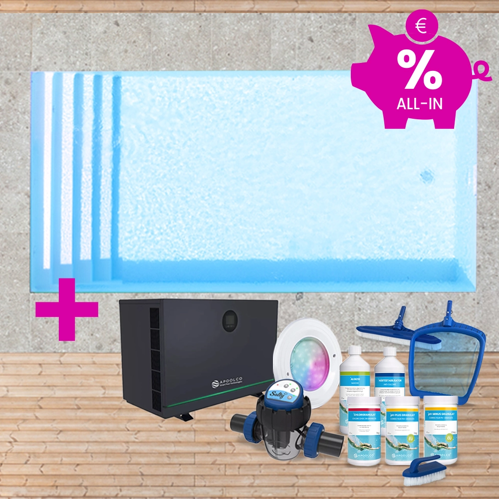 KIT COMPLET : Piscine en polystyrène 600 x 300 x 150 cm, avec escalier large, 0,90 mm, Bleu clair