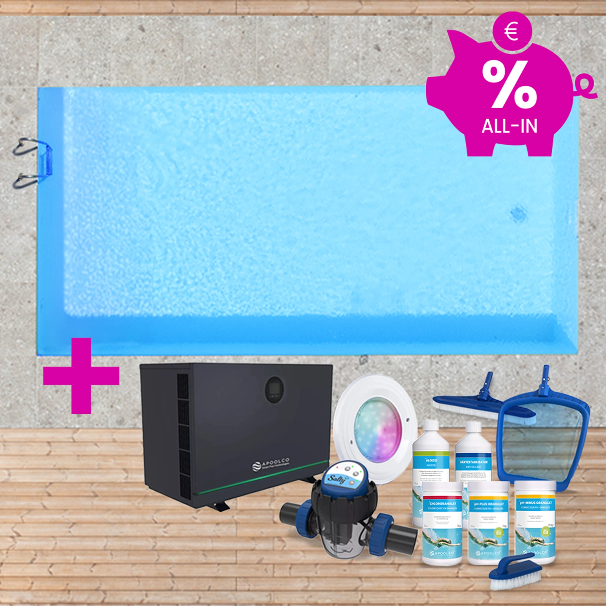 KIT COMPLET : Piscine en polystyrène 500 x 300 x 150 cm, avec échelle, 0,80mm, Bleu France