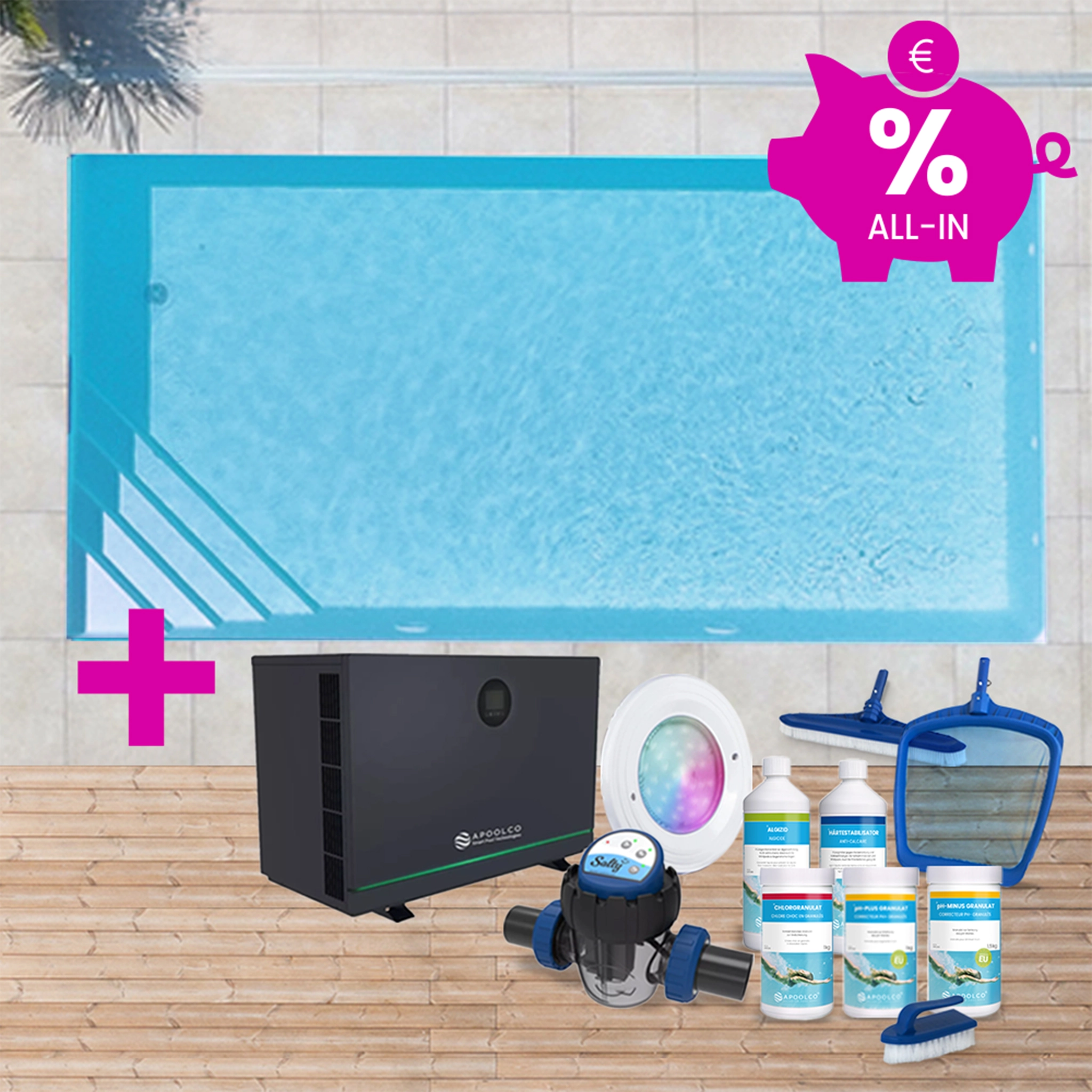 KIT COMPLET : Piscine en polystyrène 400 x 300 x 150 cm, avec escalier d'angle à gauche, 0,90mm, Gris