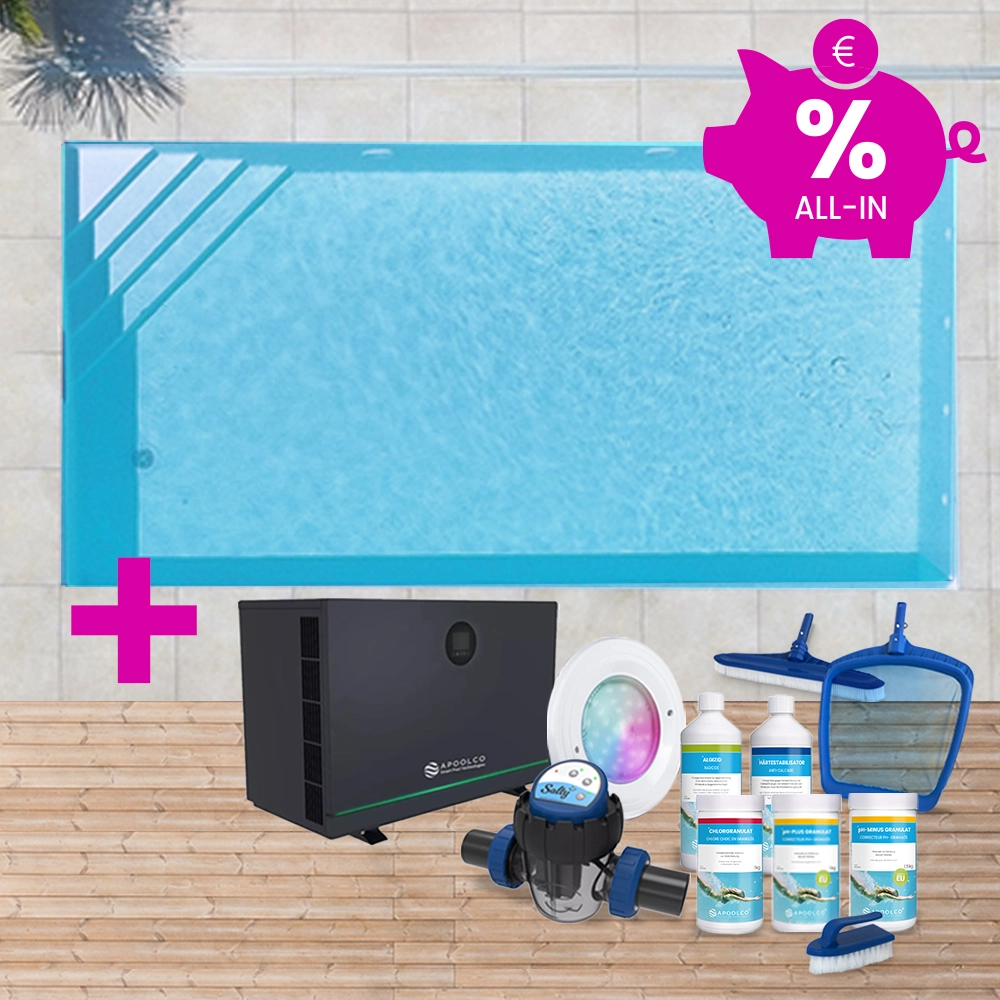KIT COMPLET : Piscine en polystyrène 700 x 350 x 150 cm, avec escalier d'angle droite, 0,90mm, Bleu clair