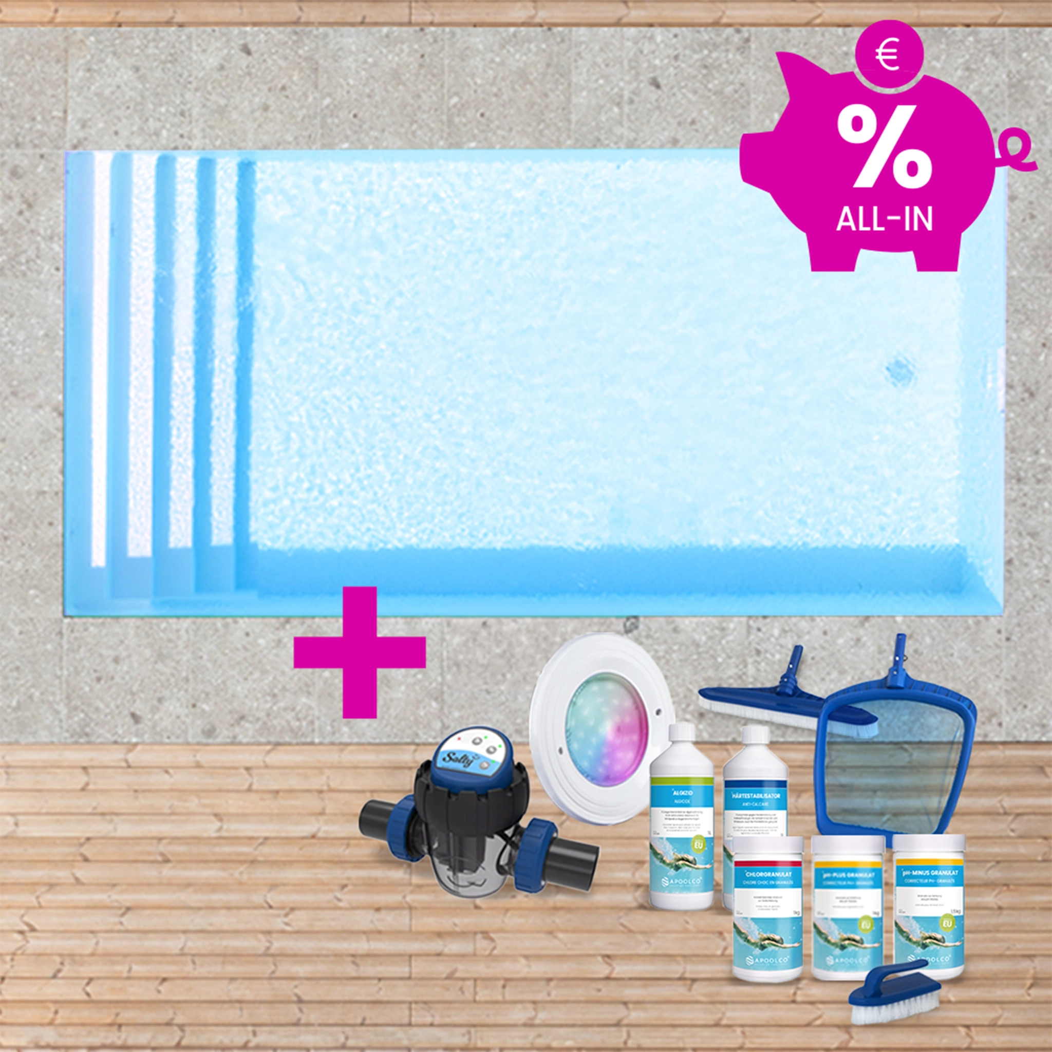 KIT COMPLET : Piscine en polystyrène 800 x 400 x 150 cm, avec escalier large, 0,90mm, Bleu Clair