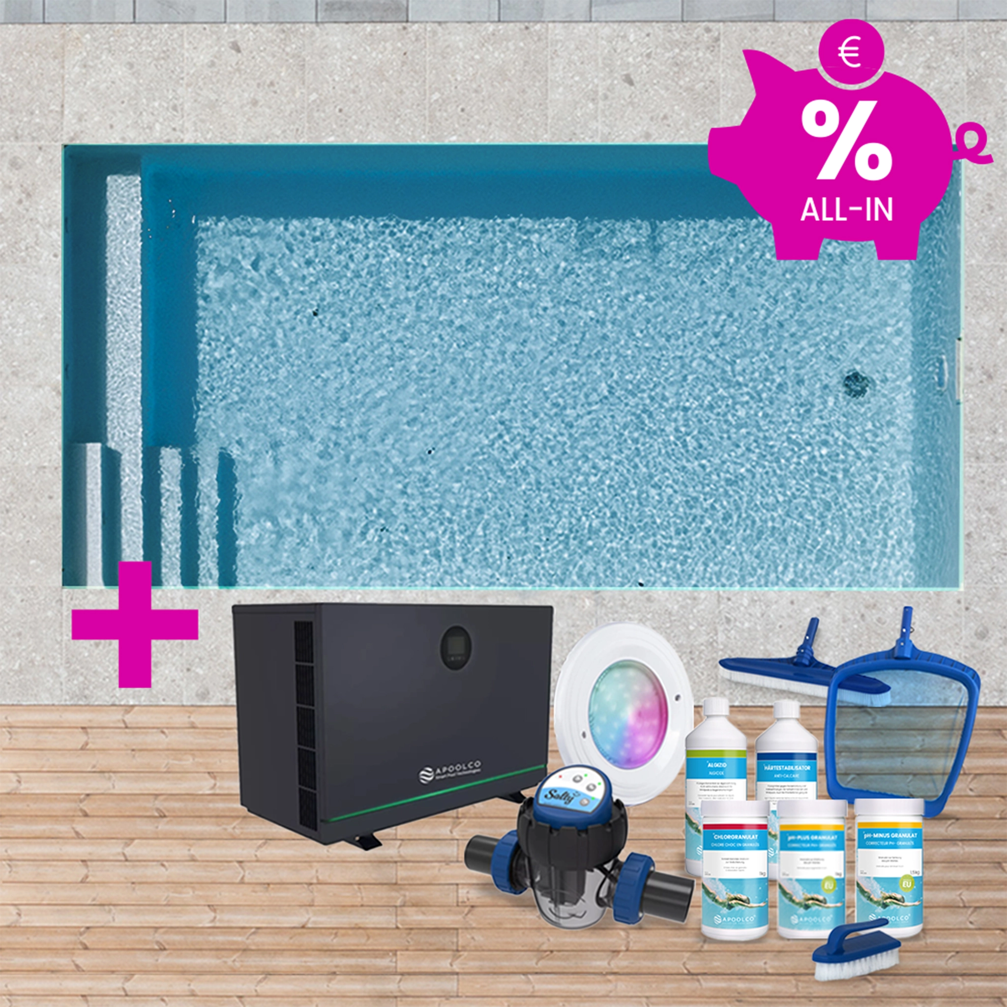 KIT COMPLET : Piscine en polystyrène 500 x 300 x 150 cm, avec escalier gauche & plage, 0,90 mm, Gris Anthracite