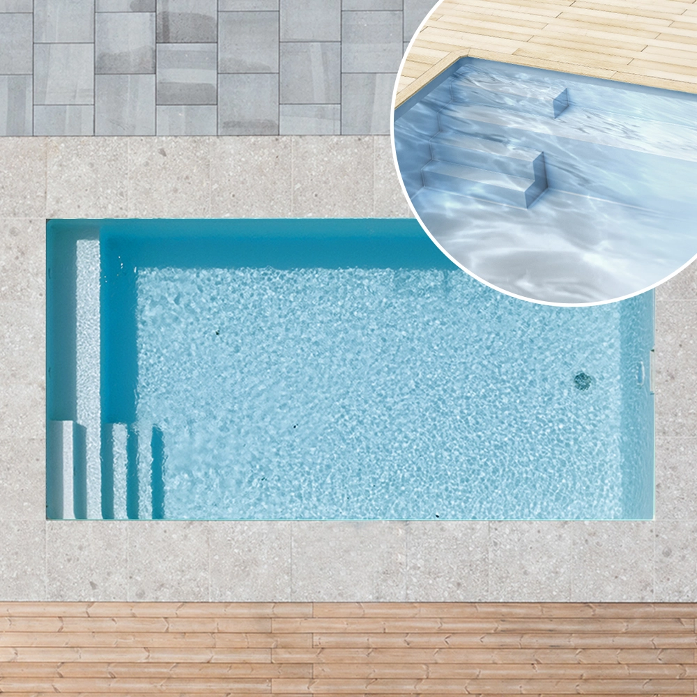 Piscine en polystyrène, 350 x 350 x 150 cm, kit de base avec escalier à gauche et banquette