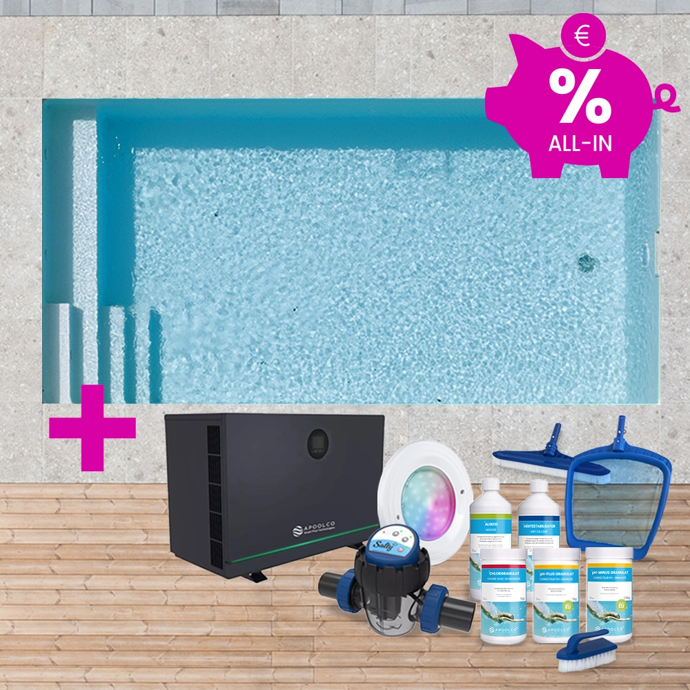 KIT COMPLET : Piscine en polystyrène 400 x 250 x 150 cm, avec escalier gauche & plage, 0,90 mm, Gris clair