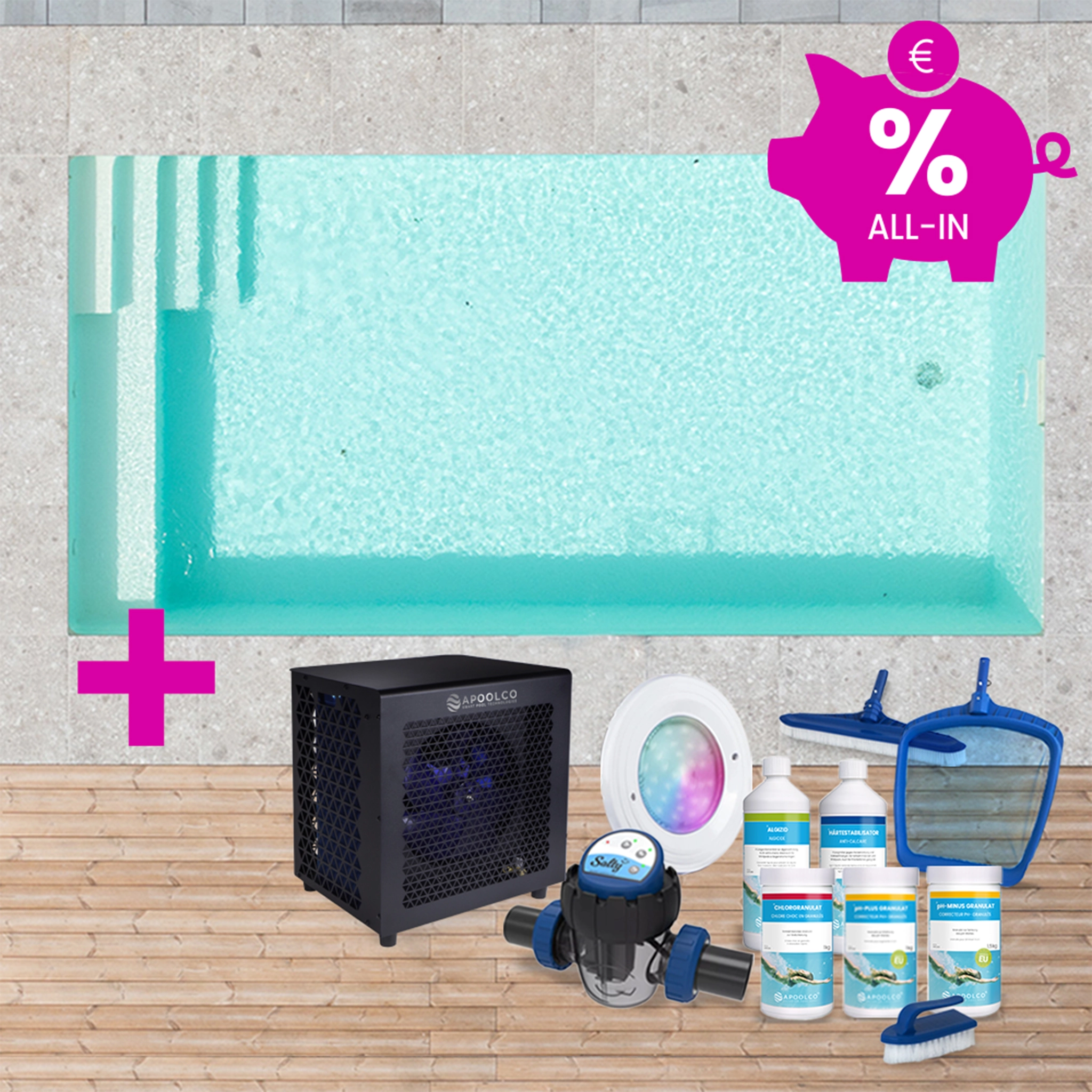 KIT COMPLET : Piscine en polystyrène 400 x 250 x 150 cm, avec escalier droite & plage, 0,90mm, Beige/Sable