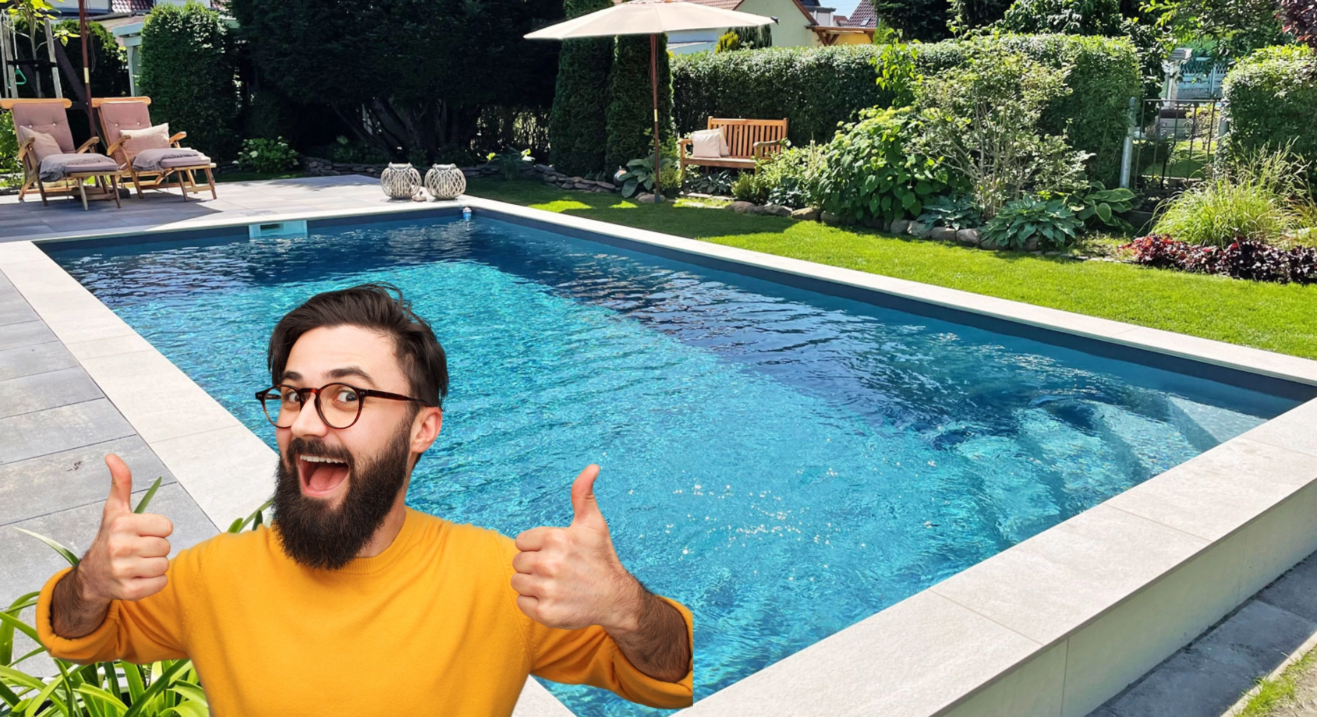 Piscine avec escalier d'angle et personne avec pouce levé