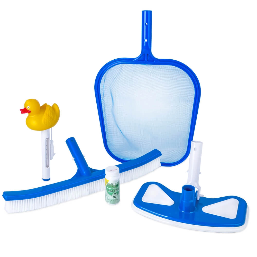 Set d'accessoires comprenant une épuisette à feuilles, une brosse pour bassin, un aspirateur de fond et un thermomètre