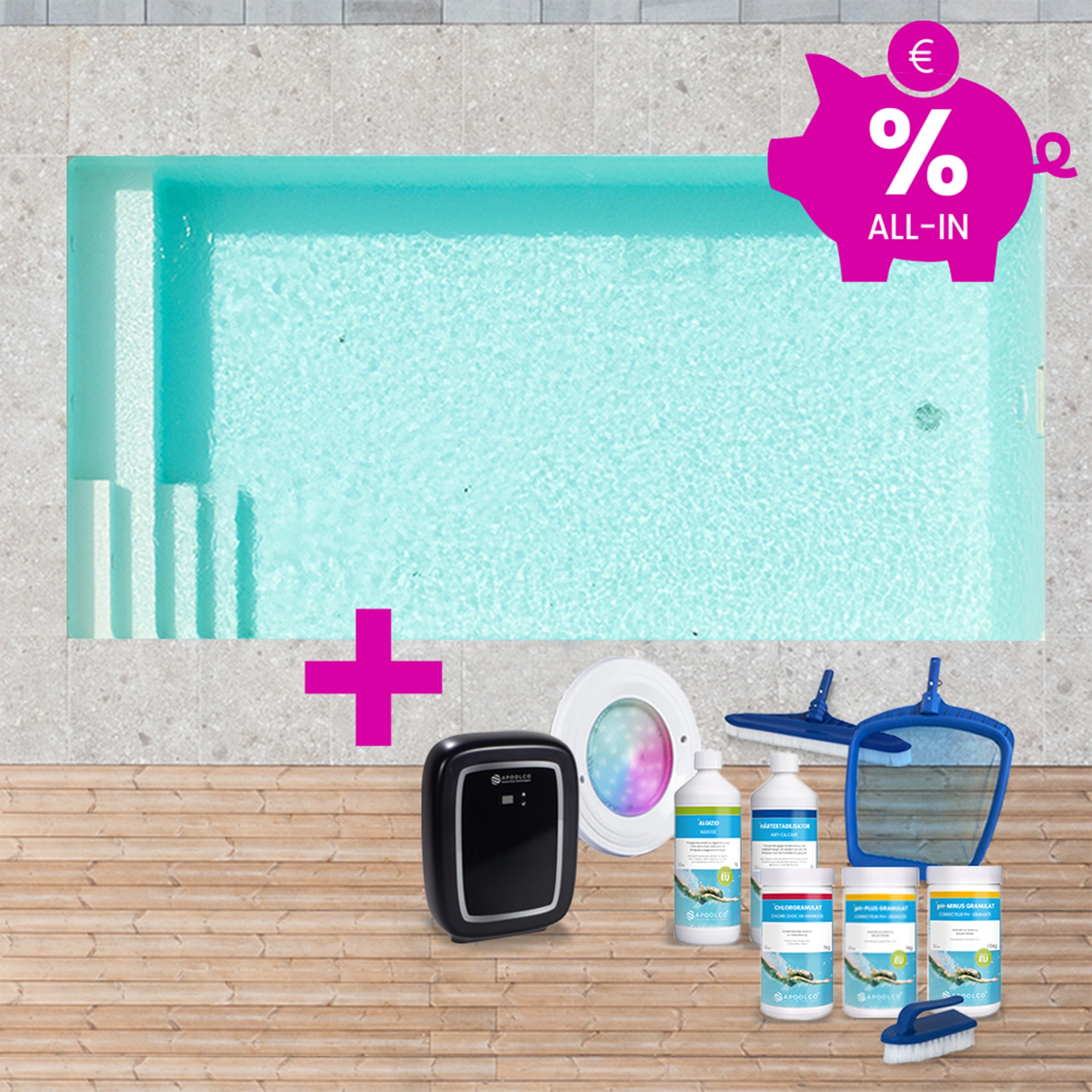 KIT COMPLET : Piscine en polystyrène 900 x 400 x 150 cm, avec escalier gauche & plage, 0,90 mm, Beige/Sable