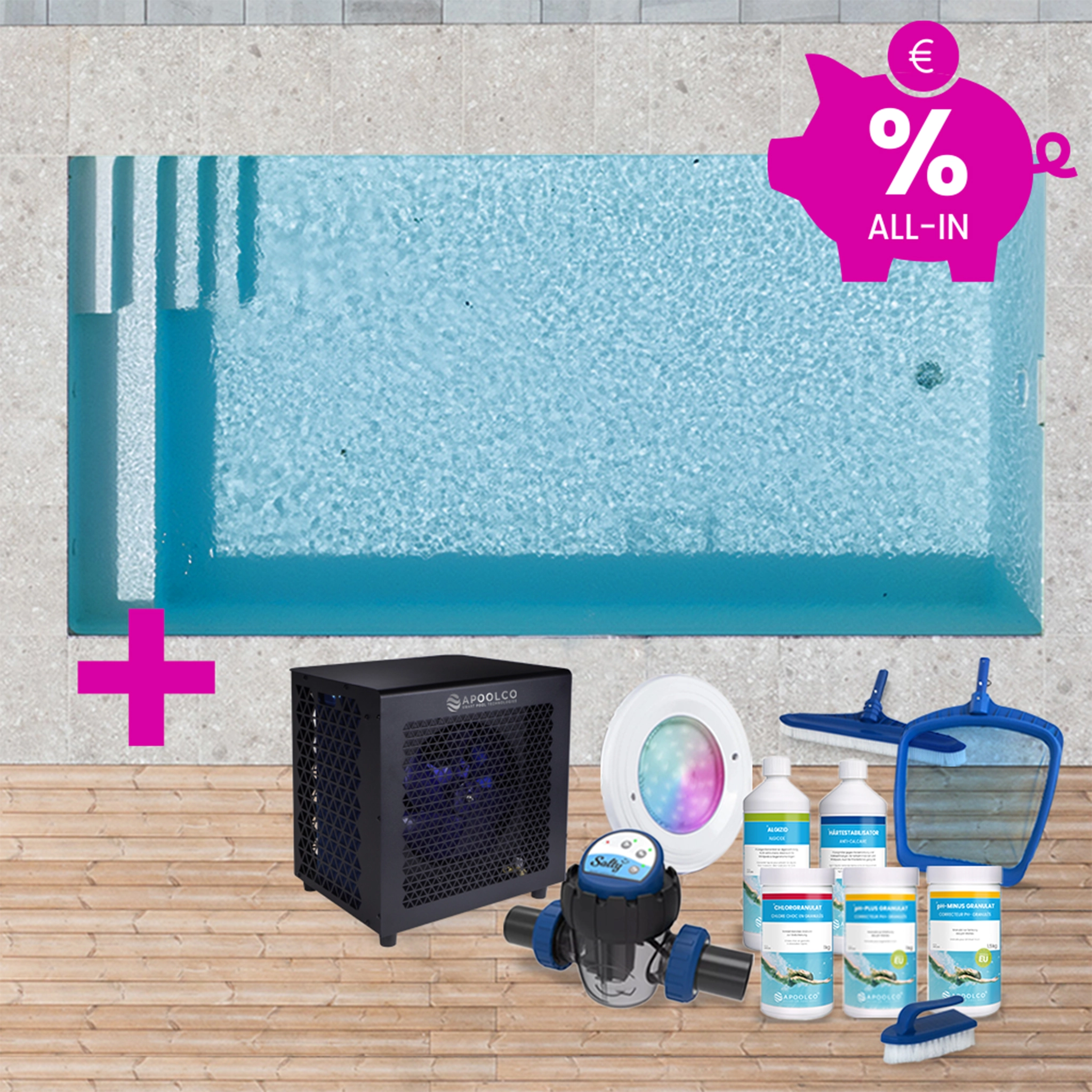 KIT COMPLET : Piscine en polystyrène 400 x 200 x 150 cm, avec escalier droite & plage, 0,90mm, Gris