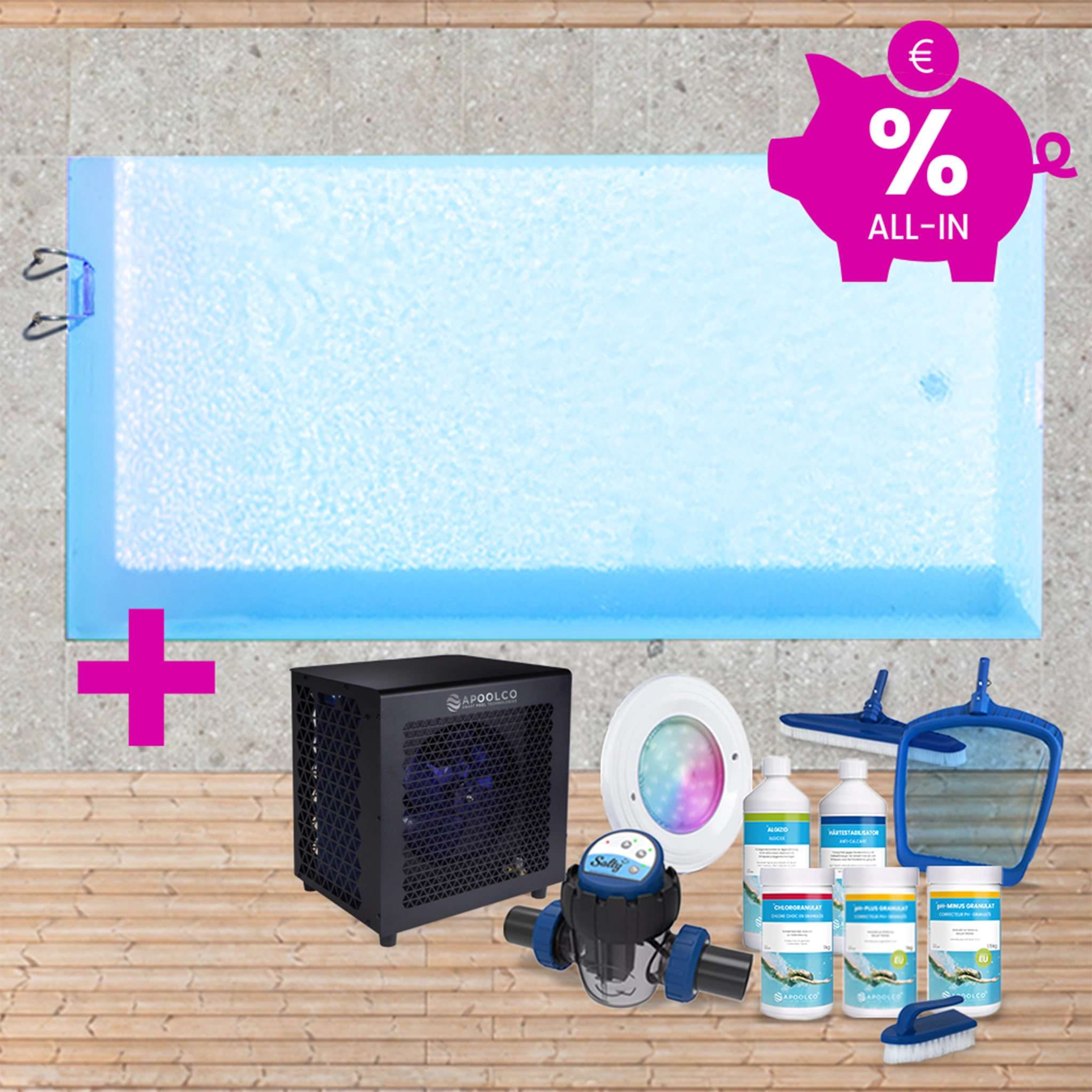 KIT COMPLET : Piscine en polystyrène 400 x 200 x 150 cm, avec échelle, 0,90mm, Bleu Clair