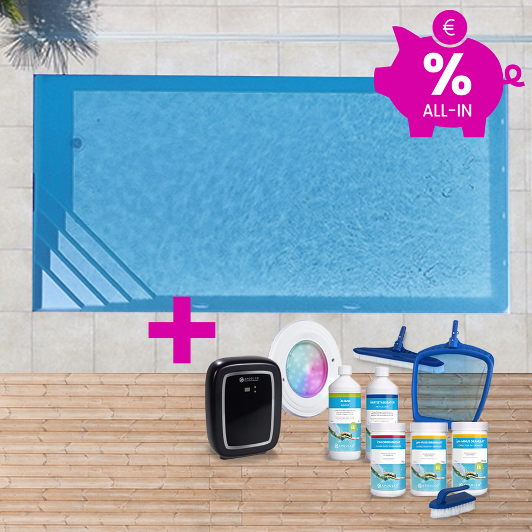 KIT COMPLET : Piscine en polystyrène 900 x 400 x 150 cm, avec escalier d'angle gauche, 0,90 mm, Gris