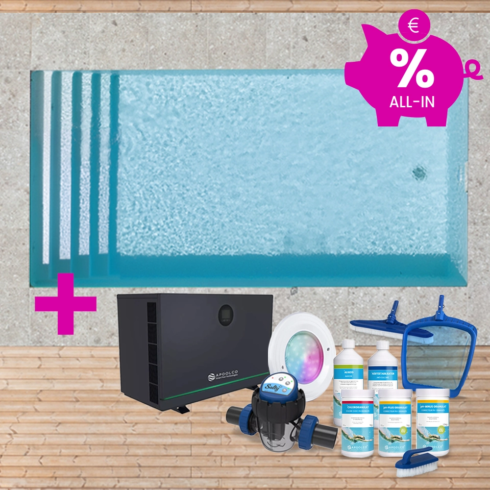 KIT COMPLET : Piscine en polystyrène 600 x 300 x 150 cm, avec escalier large, 0,90 mm, Gris clair