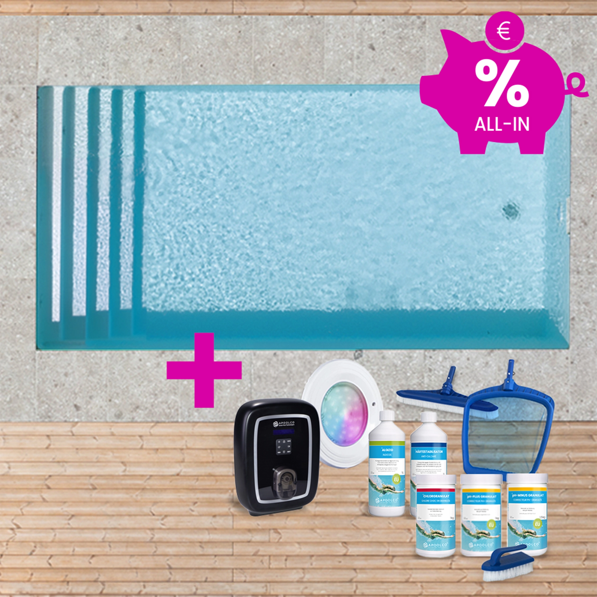 KIT COMPLET : Piscine en polystyrène 900 x 500 x 150 cm, avec escalier large, 0,90 mm, Gris clair