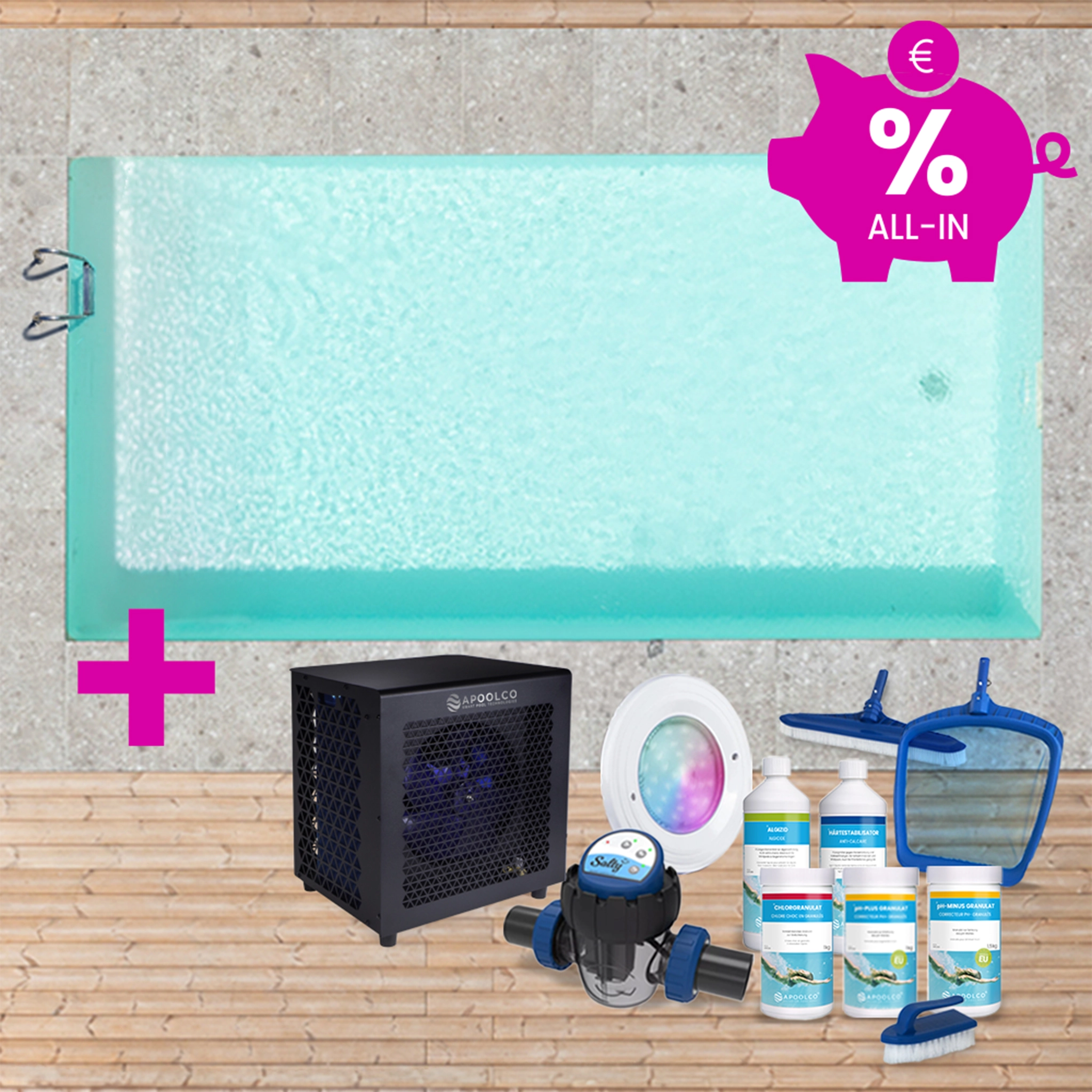 KIT COMPLET : Piscine en polystyrène 400 x 300 x 150 cm, avec échelle, 0,80mm, Beige/Sable