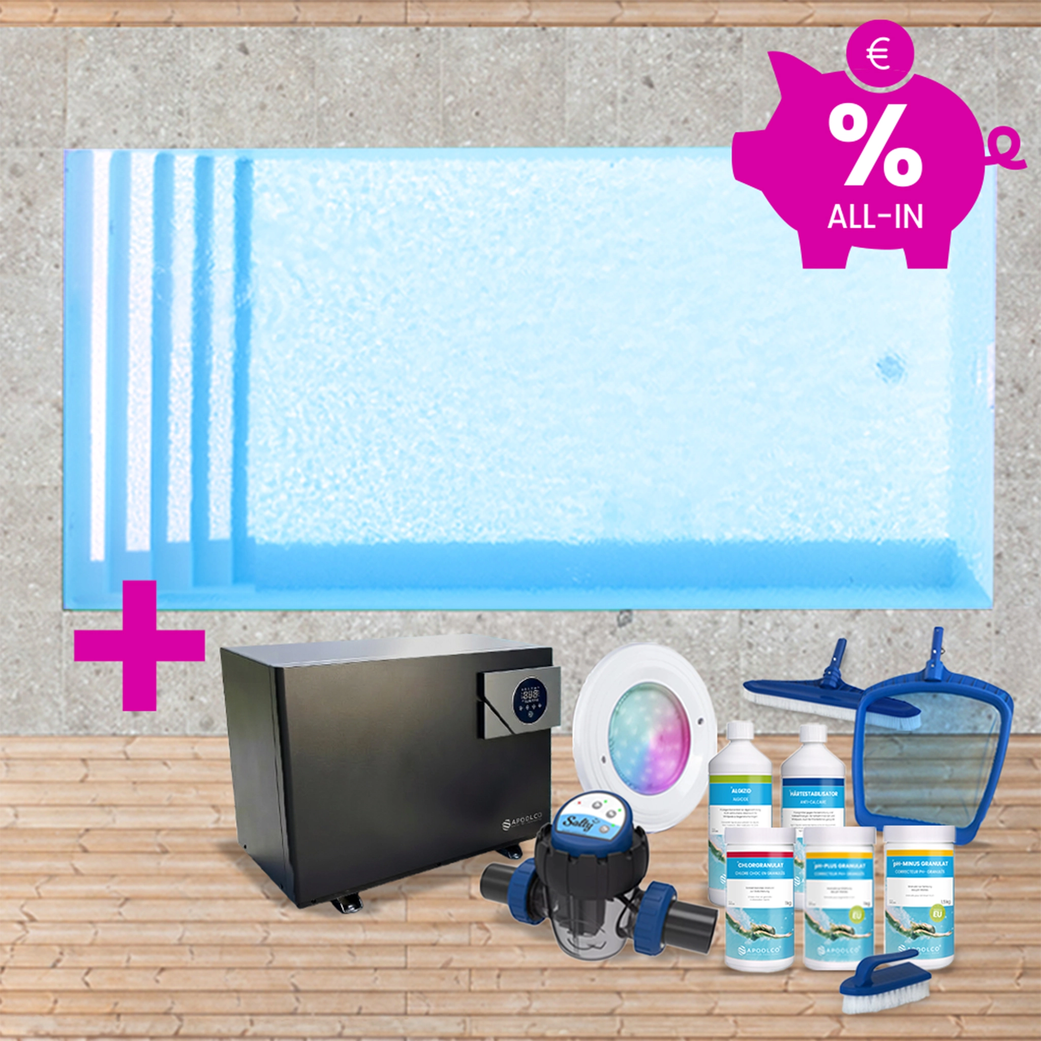 KIT COMPLET : Piscine en polystyrène 600 x 300 x 150 cm, avec escalier large, 0,90 mm, Bleu clair